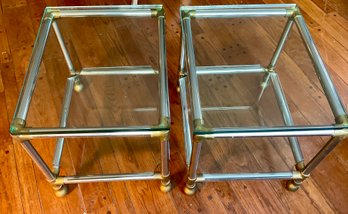 Lot 52- Pair Of Vintage Glass Top End Tables - Chrome With Brass