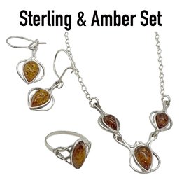Lot 152-Sterling Silver 925 With Amber Set - Ring, Earrings, Necklace Lot Of 3