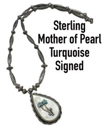 Lot 153- Sterling Silver Signed C. Lasiloo Necklace W/ Mother Of Pearl & Turquoise Pendant