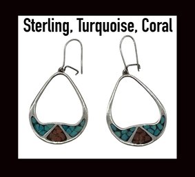Lot 154- Sterling Silver With Coral & Turquoise Dangle Earrings