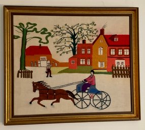 Lot 62- Crewel Horse & Buggy Folk Art Picture Wall Hanging - Decor