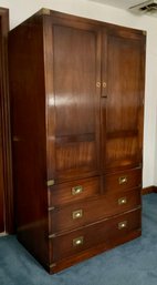 Lot 63- Hardwood & Brass Military Campaign Wardrobe With Drawers & Key