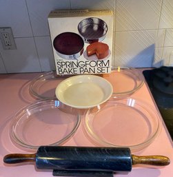 Lot 171 - Let's Bake! Pyrex Glass Pie Plates And Heavy Marble Rolling Pin Set Of 3 Springform Pans