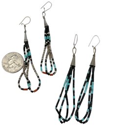 Lot 156- Southwestern Necklace With 2 Pair Beaded Earrings - Aqua, Black, Red Beads