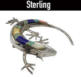 Lot 158- Southwestern Sterling Silver Lizard With Lapis, Turquoise, Coral, Mother Of Pearl Brooch