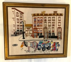 Lot 68- Crewel Work Horse With Fruit Cart In The City Picture Wall Hanging Decor