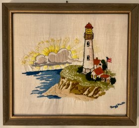 Lot 69- Crewel Work Lighthouse On A Sunny Day Picture Decor - Wall Art