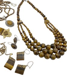 Lot 160- (9) Tigers Eye Costume Lot  - Necklaces - Earrings - 12K Gf Gold Filled Chain - Vintage Jewelry