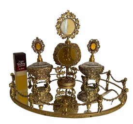 Lot 343/344-  Mid Century Filagree 24k Gp Gold Plated Perfume Bottles & Dabbers With Mirrored Tray / Cherubs