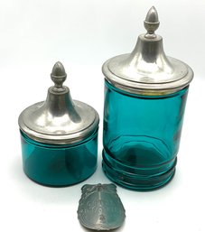 Lot 42SES- LEtain A La Rose Aqua Glass Covered French Jars - 2