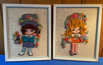 Lot 175- 1970s Embroidery Crewel Applique Framed Girls - 2