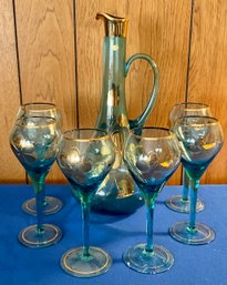 Lot 183- Decanter Set With 6 Wine Glasses Made In Hungary  - Retro Flora