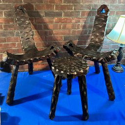 Lot 7 - Mid Century Primitive Brutalist Rustic Hand Carved Side Chairs Set Of 3 - Little Stool Included!