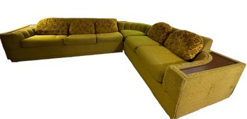 Lot 389- Custom Built Mid Century Green Sectional Sofa Mon O Made With Pull Out Bed