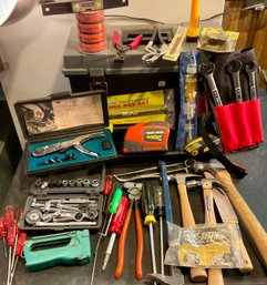 Lot 76- Mixed Tool Box - Hand Tools - Wrench- Hammer - Drivers - Sockets Lot