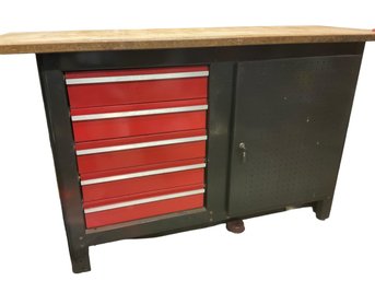 Lot 69- 5 Drawer Tool Bench Side Cabinet With Key - Comes With Red Vice - Made In USA