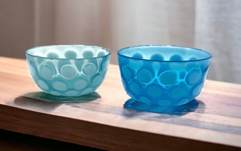 Lot 4SES- Pair Of Coin Dot Thumbprint Aqua Art Glass Bowls