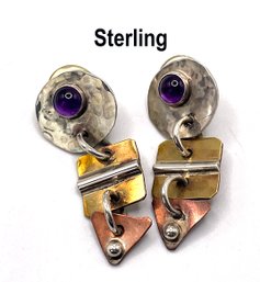 Lot 68 - Robin Becker Sterling Silver Earrings With Brass, Copper & Amethyst - Designer