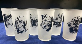 Lot 79 - Vintage Hazel Atlas Set Of 6 Frosted Dog Glasses Tumblers - Terrier, Spaniel, Shephard