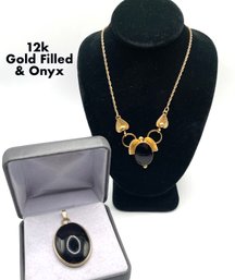 Lot 85 - 12K Gold Filled With Onyx Pendant & Necklace