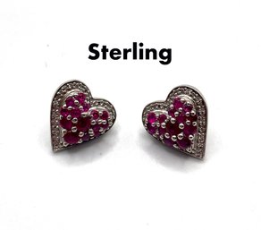 Lot 90 - Sterling Silver & Red Ruby Heart Earrings