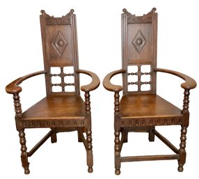 Lot 10- Pair Of Antique Chairs Rare Oak - Custom Made Cushions