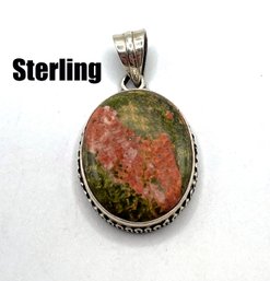Lot 5: Sterling Silver Pendant Pink Green Unakite Stone - A Beauty!