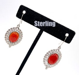 Lot 14: Sterling Silver Oval Red Stone Filigree Earrings