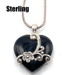 Lot 23: Sterling Silver Black Onyx Heart Shaped Stone Pendant Necklace - Made In Ireland