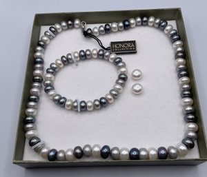 Lot 47: Honora Collection 3 Piece Set Pearl Necklace Bracelet Earrings Shades Of Grey