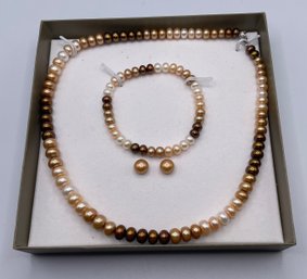 Lot 48: Honora Collection Pearl Set Of 3 - Earrings Bracelet Necklace Tan Copper Browns