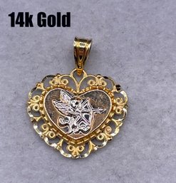 Lot 52: 14K Gold Heart With Cupid Bow & Arrow Pendant