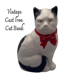 Lot 50SES- Vintage Cast Iron Cat Bank White With Red Bow