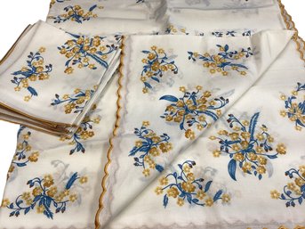 Lot 14RR- Vintage  Large Tablecloth With 12 Napkins Oblong Yellow Blue Off White - New