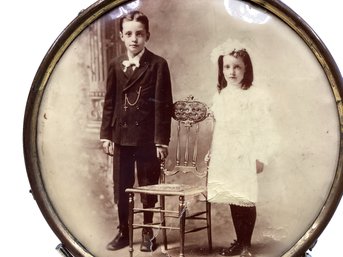 Lot 62RR -1800s Antique Brother Sister First Holy Communion Photo Round Metal Frame
