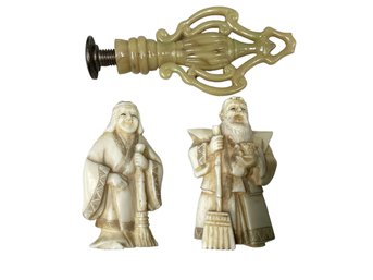 Lot 66RR- 1940s Mini Japanese Chinese Asian Figures Lucky Gods & Antique Lamp Finial