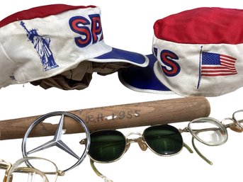 Lot 8RR- Mercedes Benz Star Emblem Vintage Eye Glasses Spags Painter Hats Teak Walnut Golf Ashtray