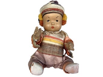 Lot 18RR- 1940s Antique Collectible Japanese Asian Composition Baby Doll Silk Clothing