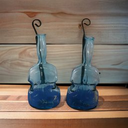 Lot 237-  Mid Century Turquoise Blue Glass Violin Bottles Hanging Wall Vases