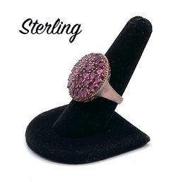 Lot 36- Sterling Silver Pink Stone Round Cocktail Ring Size 9 - SO PRETTY!