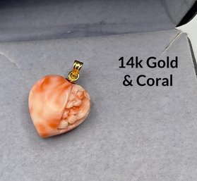 Lot 23- 14k Gold & Coral Double Sided Carved Heart Pendant 1 Inch