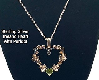 Lot 46- Sterling Silver Italy Chain Ireland Heart Pendant With Peridot Irish