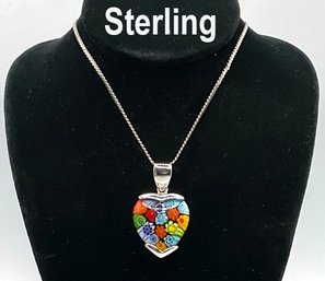 Lot 69- Sterling Silver Chain With Venetian Milliefiori Glass Heart Pendant Italy - Italian - Love