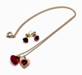 Lot 20- Vintage Red Crystal Heart Earrings And Necklace Set - Love
