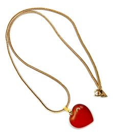 Lot 29- Costume Gold Tone Necklace & Red Carnelian Heart Pendant - Valentines