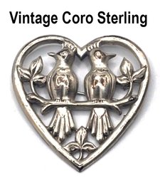 Lot 43- Vintage Coro Sterling Silver Love Birds Heart Pin Brooch