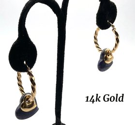 Lot 76- 14K Gold Hoop Earrings With Hearts - Gold And Blue Lapis