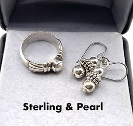 Lot 105- Sterling Silver Ring With Pearl & Earrings
