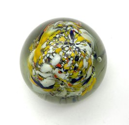 Lot M18- Art Glass Paperweight Bursting With Blue Yellow White