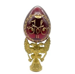 Lot M8- St. Petersburg Hand Made Red Gold Crystal Art Egg With Stand Double Headed Eagle